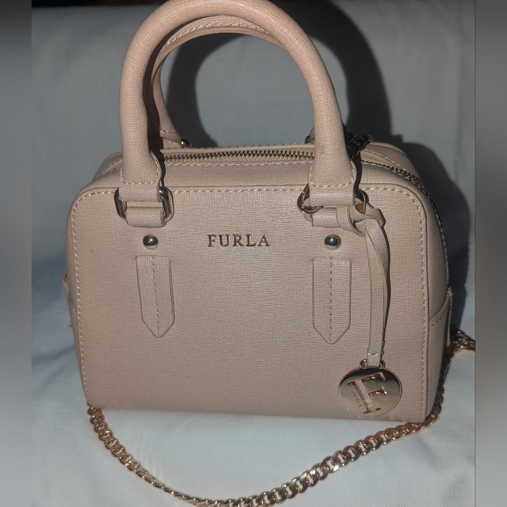 Furla Mini Ellena Neutral Saffiano Leather Satchel with Gold Accents - Picture 1 of 13